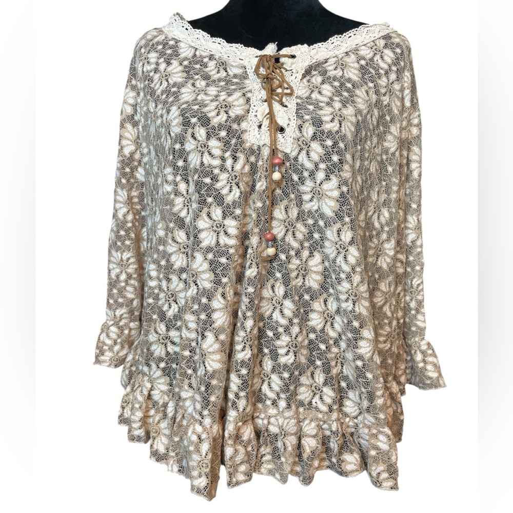 Studio West Apparel Lace Floral Poncho with Beaded Tie